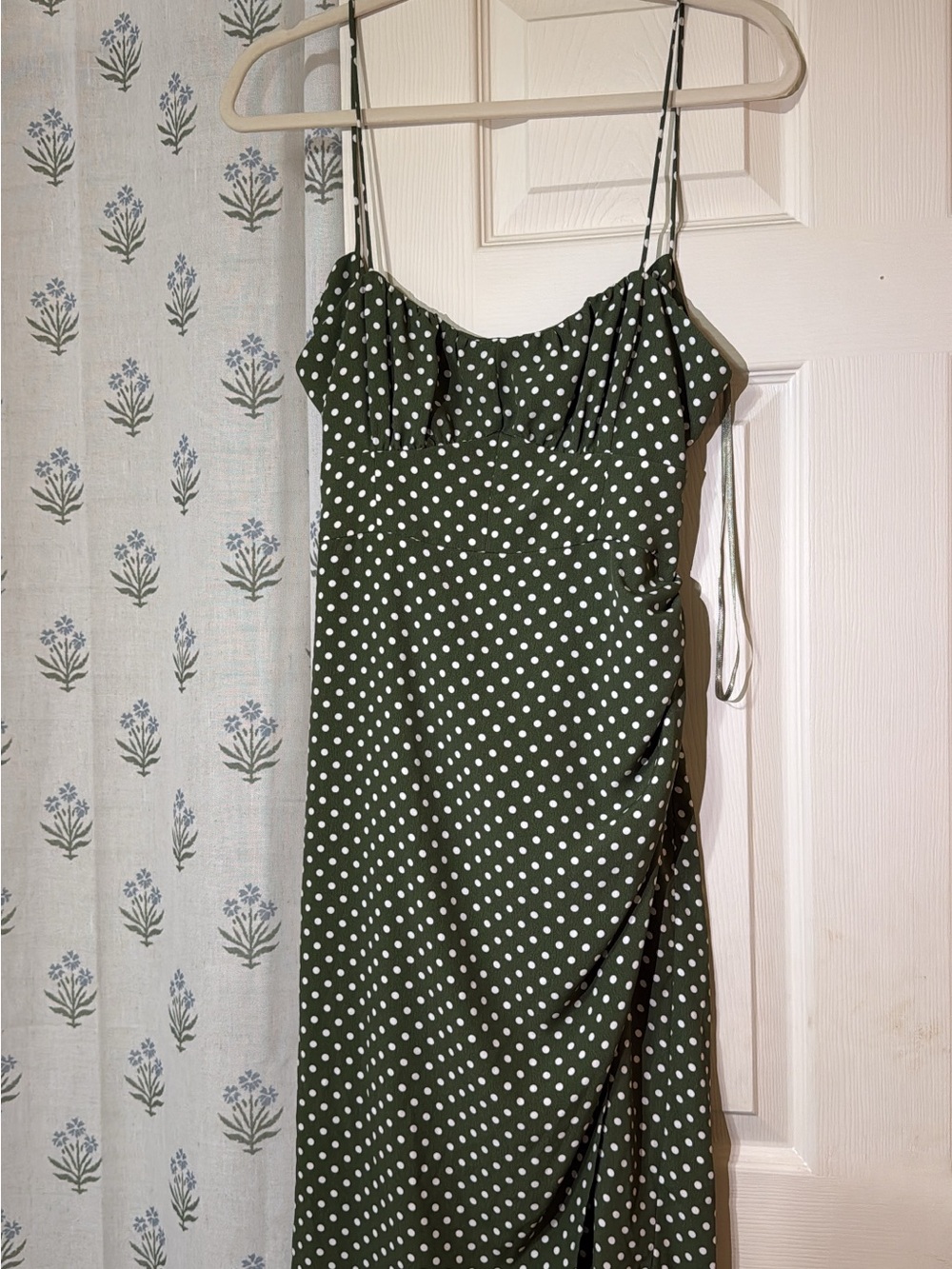 Zara Olive Green with White Polka Dots Midi Slip Dress